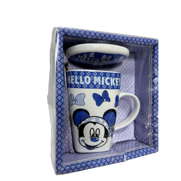 Hello Mickey Small Tea Cup With Lid Blue & White Mickey Mouse Coffee Cup/Mug New - Picture 2 of 8